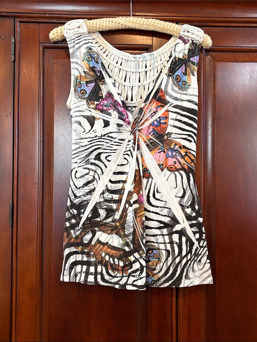 Boston Proper White Tank with Multicolor Butterfly & Zebra Print